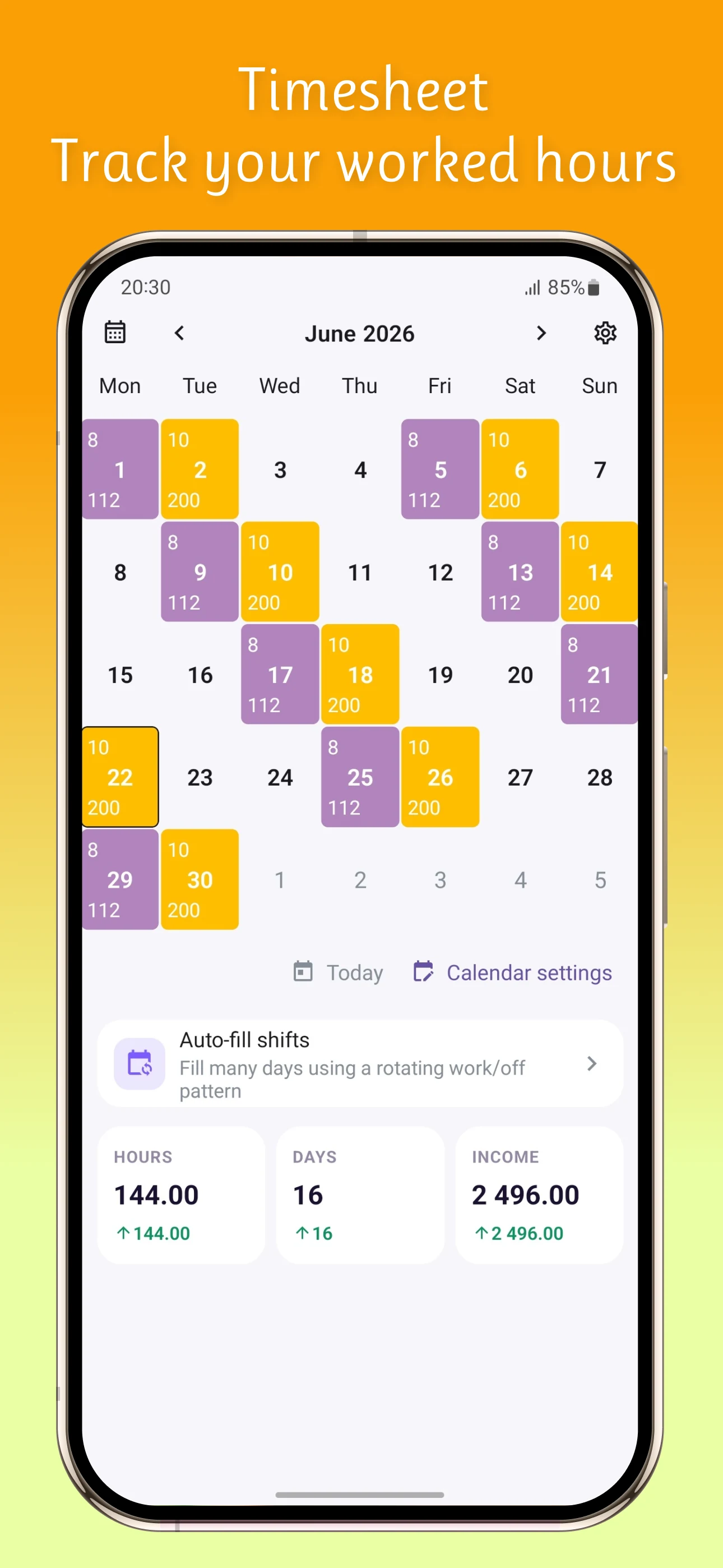 Shift Work Calendar Timesheet screenshot