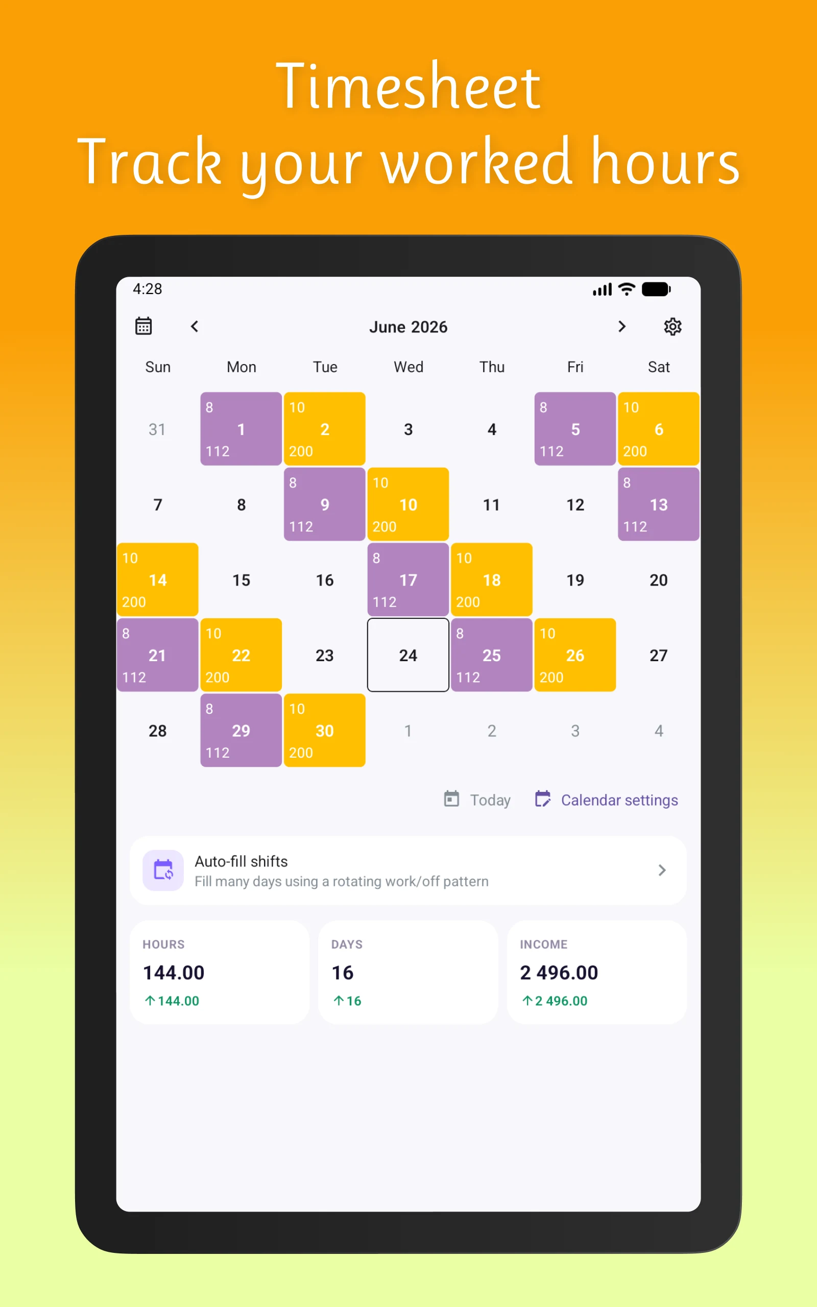 Shift Work Calendar Timesheet screenshot